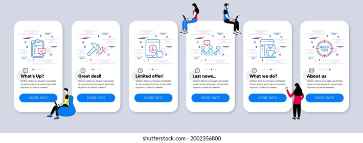 Technology icons set. UI phone app screens with teamwork. Included icon as Scroll down, Coffee maker, Hammer blow signs. Checklist, People chatting, Tips line icons. Vector