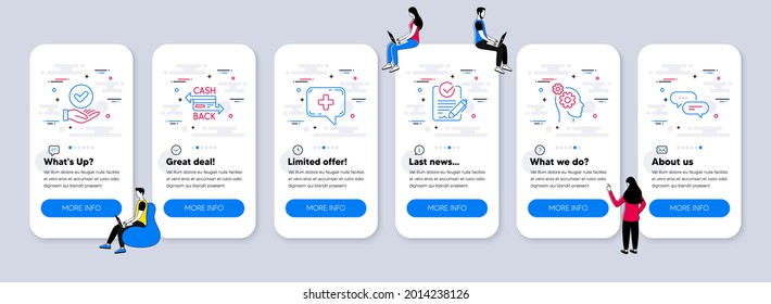 Conjunto de iconos de tecnología. pantallas de aplicación de teléfono de interfaz de usuario con trabajo en equipo. Icono incluido como casilla de verificación Aprobado, Chat médico, signos de reflexión. Tarjeta de respaldo, Rfp, iconos de línea de mensajes de puntos. Vector