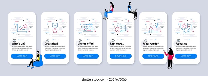 Technology icons set. UI phone app screens with teamwork. Included icon as Ranking stars, Smile, Roller coaster signs. Motherboard, Winner medal, Puzzle line icons. Vector