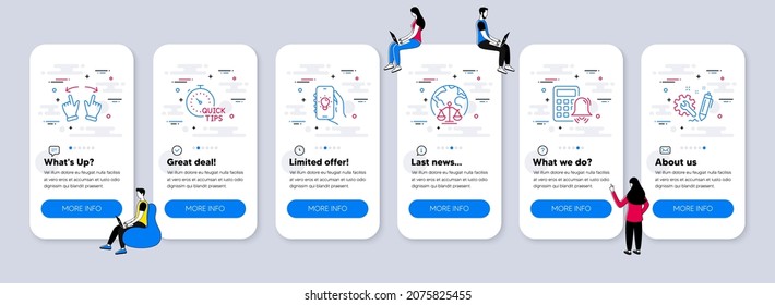 Technology icons set. UI phone app screens with teamwork. Included icon as Move gesture, Quick tips, Calculator alarm signs. Electric app, Magistrates court, Engineering line icons. Vector