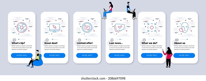 Technology icons set. UI phone app screens with teamwork. Included icon as Air fan, Stop talking, Minimize signs. Approved, Internet, Face search line icons. Vector