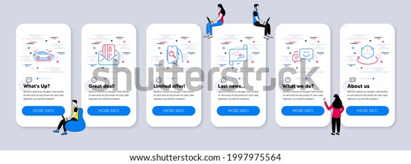 Technology icons\
set. UI phone app screens with teamwork. Included icon as Car,\
Target path, Credit card signs. Search app, Happy emotion,\
Augmented reality line icons.\
Vector