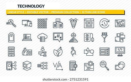 technology icons set - user research, responsive web de, pixels per inch, search engine marketing, retina display outline vector collection.