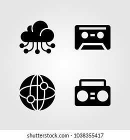 Technology icons set. Vector illustration boombox, internet, cassette and cloud computing