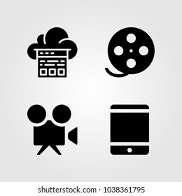 Technology icons set. Vector illustration video camera, cloud computing, film roll and tablet