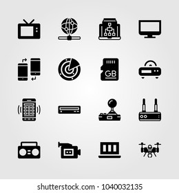 Technology icons set. Vector illustration boombox, monitor, sd card and smartphone