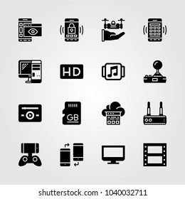 Technology icons set. Vector illustration drone, monitor, computer and sd card