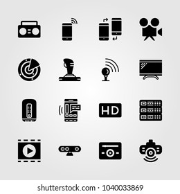 Technology icons set. Vector illustration joystick, music player, webcam and server