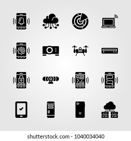 Technology icons set. Vector illustration pc case, radar, dvd player and tablet