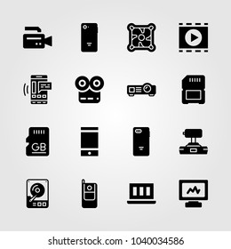 Technology icons set. Vector illustration video camera, joystick, hhd and memory