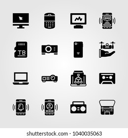 Technology icons set. Vector illustration cassette, drone, smartphone and boombox