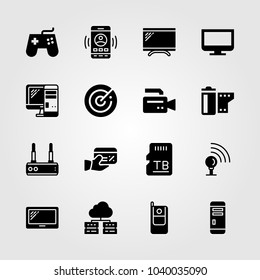 Technology icons set. Vector illustration pc case, router, sd card and tablet