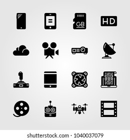 Technology icons set. Vector illustration video camera, drone, film roll and remote control