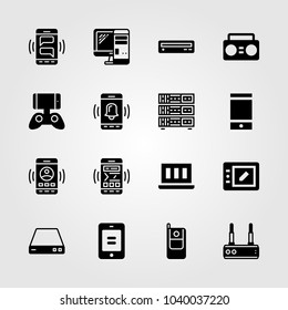 Technology icons set. Vector illustration boombox, laptop, computer and router