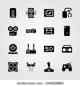 Technology icons set. Vector illustration joystick, music player, projector and tablet