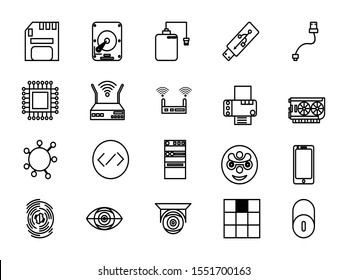 technology icons set vector illustration. Contains such icon as memory card, USB, processor, code, game, and more. Editable stroke