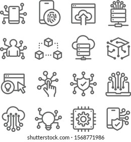 Technology icons set vector illustration. Contains such icon as Machine learning, Algorithm, Cloud Network, Automation, Analyst and more. Expanded Stroke