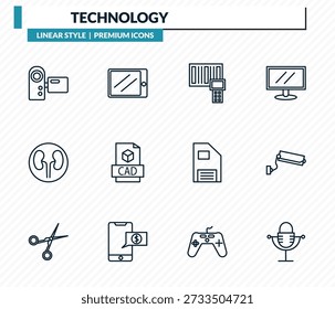 Video Conjunto de iconos de tecnología: vista frontal de la cámara, tableta Horizontal, escáner portátil, cámara de vigilancia, colección de Vector de contorno de micrófono antiguo.