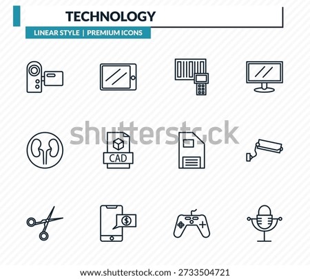 technology icons set - video camera front view, horizontal tablet, portable scanner, surveillance camera, old mic outline vector collection.
