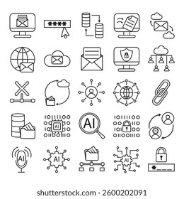 technology icons set. Website, internet computer, cloud , digital service, database. line icon collection. Vector illustration.