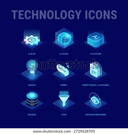 Technology icons set for workflow diagram - AI system, AI integration, AI platform, data, insights, prompt outcomes, filter, continuous monitoring - high quality isometric vector
