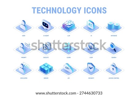 Technology icons set for workflow diagram light mode - AI and data, AI agent, machine learning, API cloud integration, server, database, security - high quality isometric vector on white background