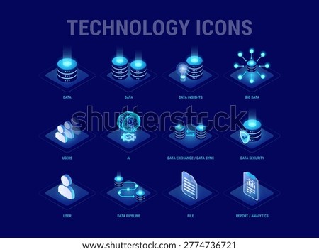 Technology icons set for workflow diagram - Big data, AI, users, database, security, data sync, report, pipeline - best isometrics vector