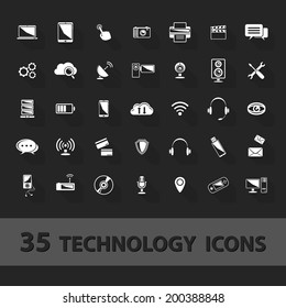 Technology icons set:cloud, storage, communications, telephone, antenna, camera, tablet,computer, headphones, console, wireless...