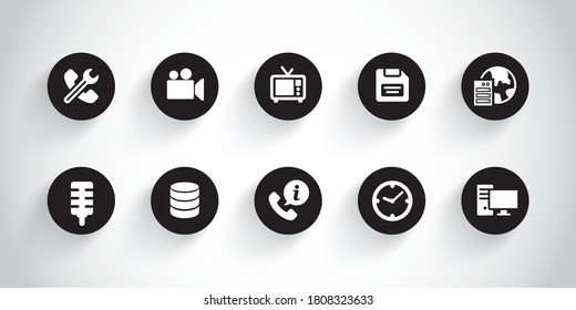 Technology icons with symbols: laptop, printer, phone, tablet, server, database.