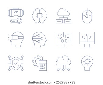 Ícones de tecnologia. Estilo de linha fina, traço editável. segurança, óculos de realidade virtual, digitalização, engrenagem, codificação, inteligência artificial, calculadora, servidor de nuvem.
