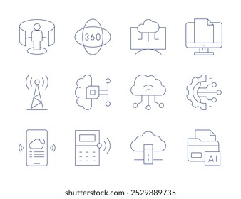 Technology icons. Thin Line style, editable stroke. weather, signal tower, digital transformation, folder, artificial intelligence, calculator, cloud server, cloud.