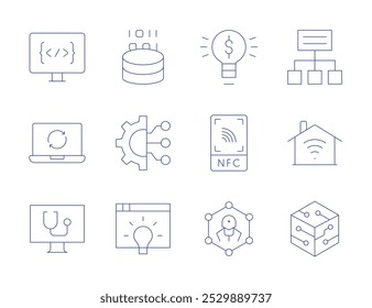 Technology icons. Thin Line style, editable stroke. light bulb, data analytics, engineering, idea, nanotechnology, nfc, project, smart house, technology, computer, laptop, coding.