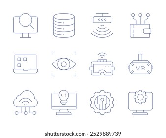 Iconos de Tecnología. Estilo de línea delgada, carrera editable. portátil, base de datos, escáner de ojos, idea, sensor de movimiento, nuevas tecnologías, gafas de realidad virtual, billetera, Configuraciones, iot, computadora.