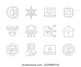 Iconos de Tecnología. Estilo de línea delgada, carrera editable. entrega de drones, tecnología verde, computación de borde, alojamiento, seguridad, contrato inteligente, hogar inteligente, tecnología.
