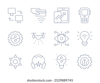 Ícones de tecnologia. Estilo de linha fina, curso editável. sem contato, drone, fones de ouvido, desenvolvimento, olho, ideia, pda, energia inteligente, tecnologia, rede de computadores, digitalização, grafeno.