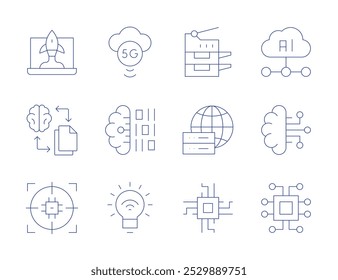 Iconos de Tecnología. Estilo de línea delgada, trazo editable. 5G, inteligencia artificial, bombilla, inicio, objetivo, transferencia, big data, cerebro, chip, escáner.