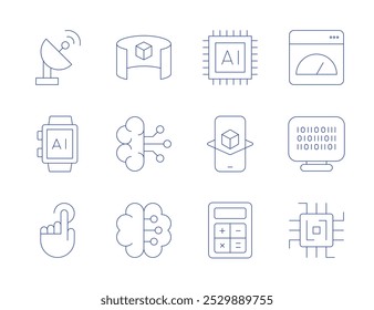 Ícones de tecnologia. Estilo Linha fina, traçado editável. visualizador 3d, inteligência artificial, cérebro, satélite, smartwatch, toque, aplicativo, código binário, chip, ai, realidade aumentada, calculadora.