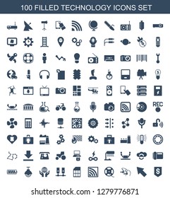 Technology Icons. Trendy 100 Technology Icons. Contain Icons Such As Dollar Down, Pointer, Earphones, Film Tape, Wi Fi, Memory Card, Server. Technology Icon For Web And Mobile.