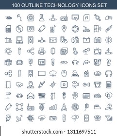 technology icons. Trendy 100 technology icons. Contain icons such as mobile signal, desk phone, hand on smartphone, download cloud, usb drive. technology icon for web and mobile.