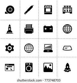 Technology icons. vector collection filled technology icons. includes symbols such as graph on laptop display, rocket, gear, suspension. use for web, mobile and ui design.