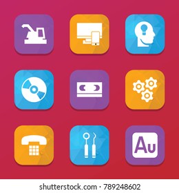 Technology icons. vector collection filled technology icons set.. includes symbols such as harvester, key hole in head, gear, disc, vhs, pc. use for web, mobile and ui design.