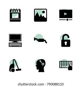 Technology icons. vector collection filled technology icons set.. includes symbols such as keyboard, muffler, vacuum cleaner, pc, cooker. use for web, mobile and ui design.