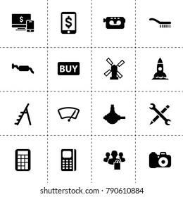 Technology icons. vector collection filled technology icons. includes symbols such as windmill, pc, rocket, spherical bearing, muffler. use for web, mobile and ui design.