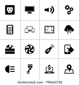Technology icons. vector collection filled technology icons. includes symbols such as gear, dollar cloud, alloy wheel, work tool, car key. use for web, mobile and ui design.