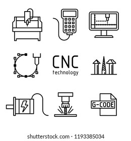 СNC technology icons vector set. Computer numerical controlled milling machine and electroniс symbols.