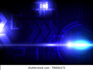 Technology illustration, arrows with digital number and lens flare light on dark background