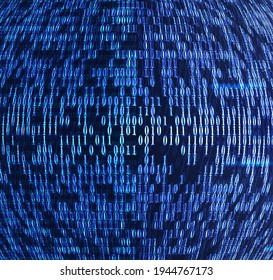 Technology illustration background in blue colors. The futuristic backdrop for innovation, tech, and science. Digital information technology banner with programming binary code with numbers 0 and 1.
