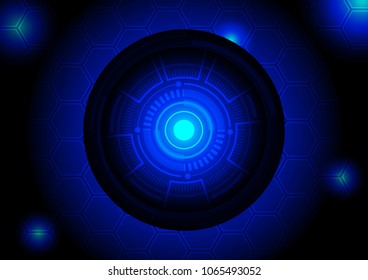 Technology illustration. Blue sphere with glowing light in the middle on hexagon background