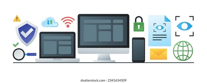 Concepto de ilustración tecnológica. Vector de seguridad de Internet. Computadora, nube, teléfono, bloqueo, escudo, escaneo, icono de documento.