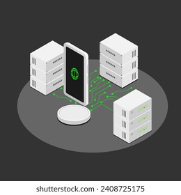 Technology illustration isometric 2D, Mobile phone and server connection.